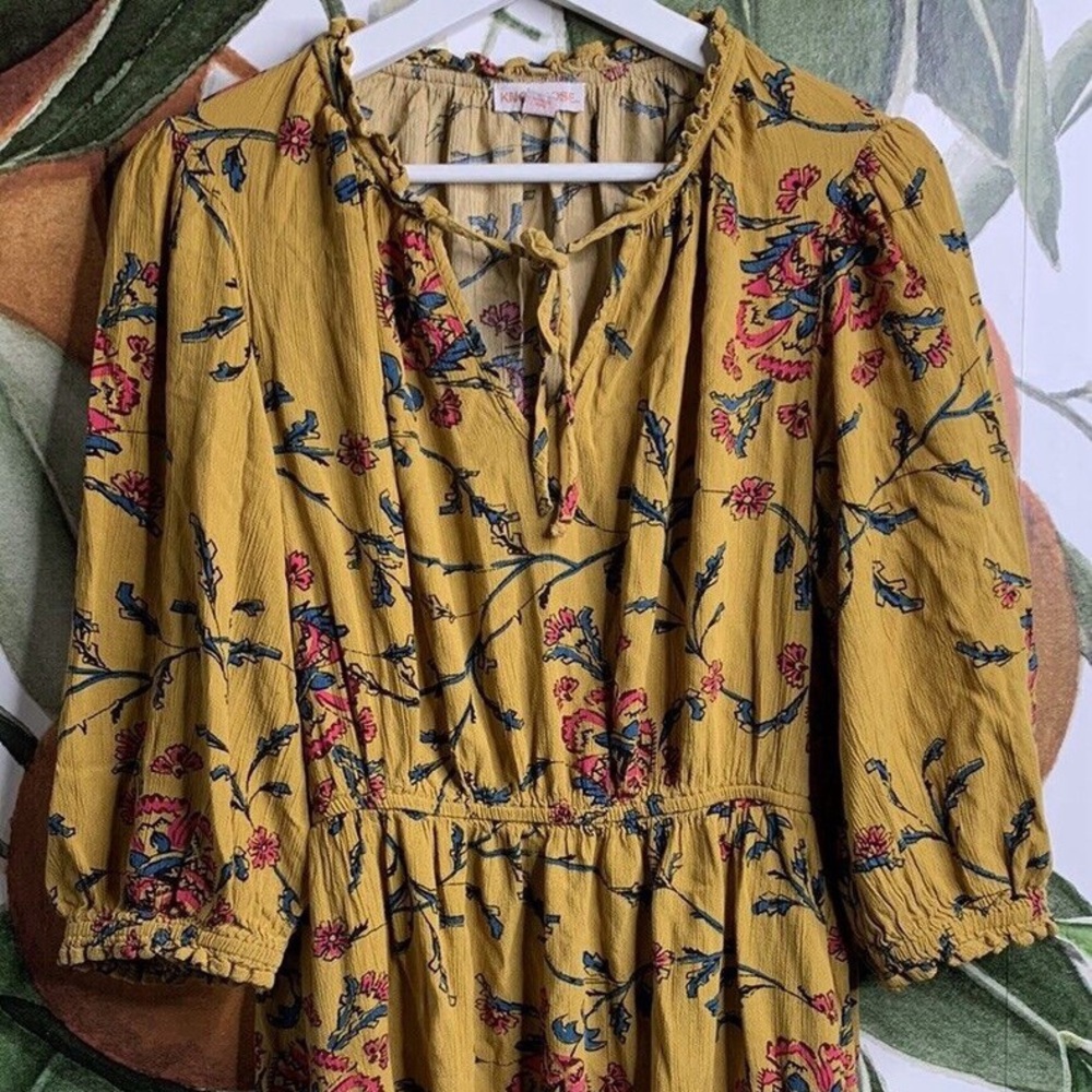 Knox Rose Folkloric Bohemian Floral Dress in Mustard Yellow, Large